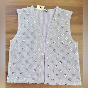 NWT Zara Lavender Knit Vest with Floral Details